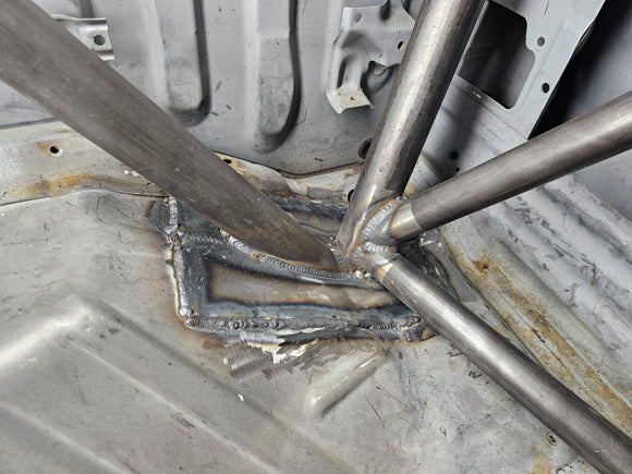 First Gen Toyota Tacoma Roll Cage WIY Kit, Internal Cab Photo,  C-Pillar / Floor Plate Passenger Side Close Up